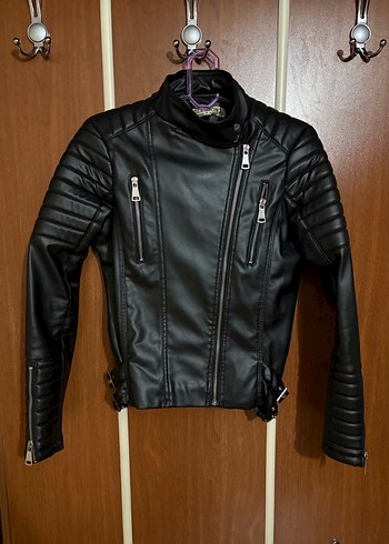 Kadın Siyah Deri Biker Ceket - Görsel 4