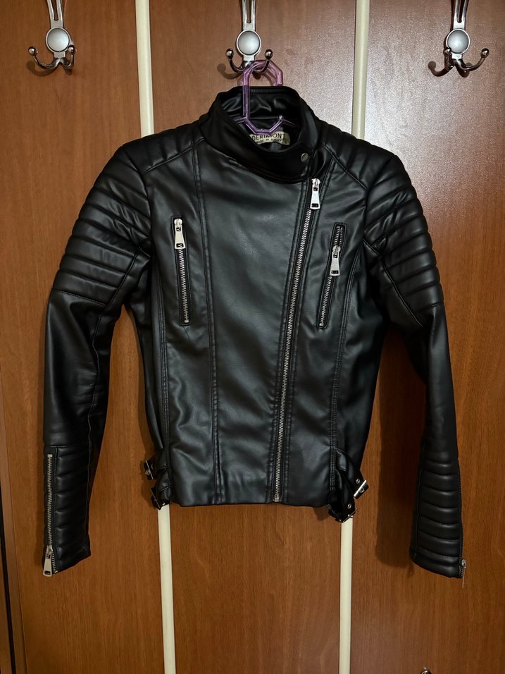 Kadın Siyah Deri Biker Ceket - Görsel 4