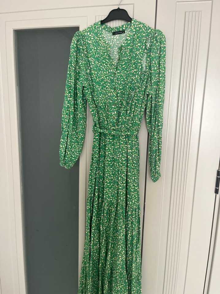 Tremdyolmilla yeşil V Yakalı Uzun Bohem Elbise - Görsel 5