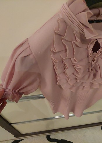 Pembe Fırfırlı Yüksek Yakalı Bluz ekol marka