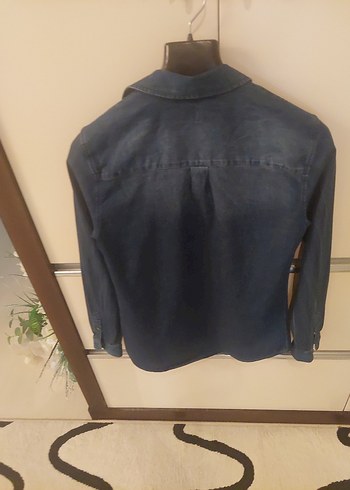 s Beden mavi Renk Kadın Mavi Denim Gömlek, Düğmeli, Uzun Kollu