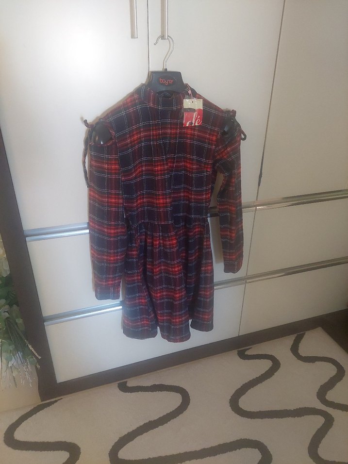 Uzun Kollu kadın 36 beden Ekose Elbise - Görsel 2