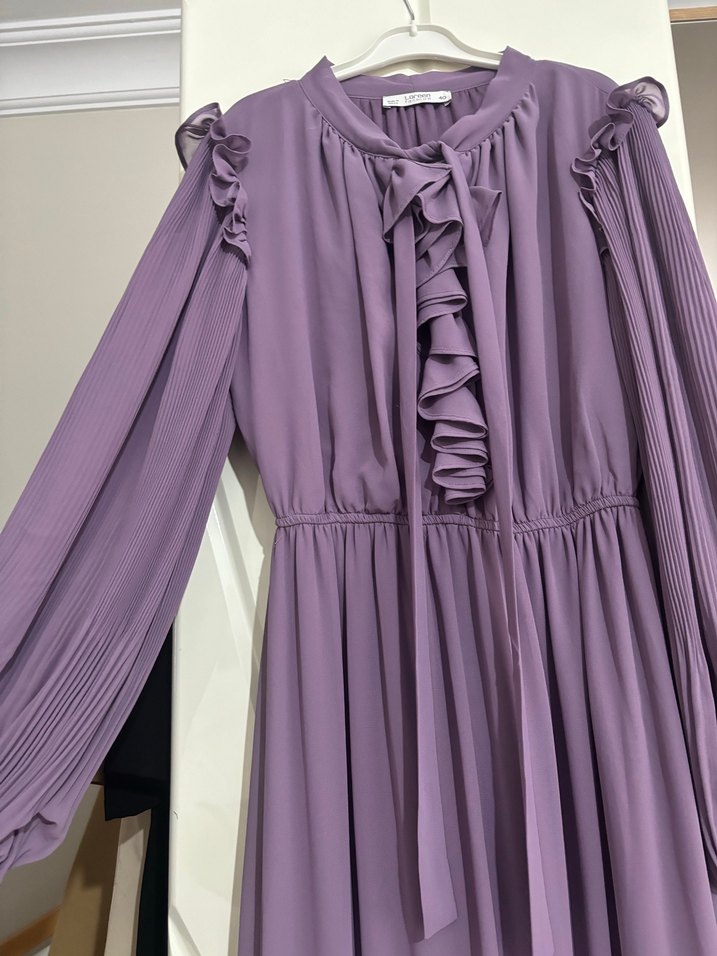 Mor lila Uzun Kollu Abiye Elbise - Görsel 4