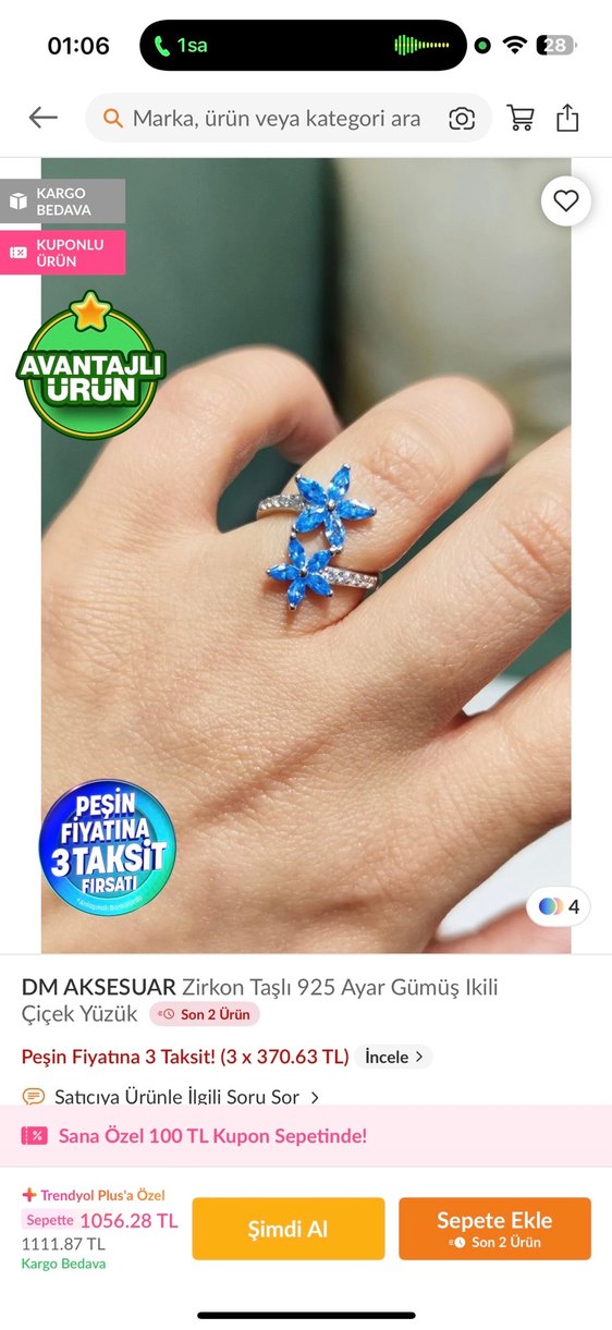 Mavi Çiçekli Parlak Kadın gümüş yüzük - Görsel 3