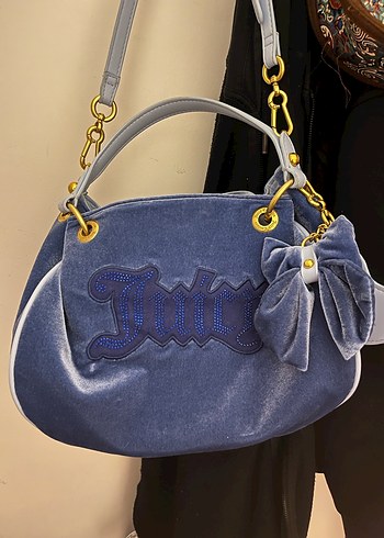 y2k juicy couture Mavi Süet Kadın Çanta Püsküllü