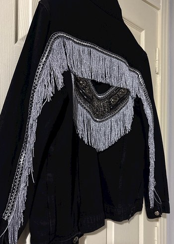 Özel tasarım Püsküllü Nakışlı Siyah Kadın Kot Ceket - Görsel 3