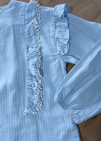 Kız Çocuk Mavi Keten Fırfırlı Bluz - Görsel 2