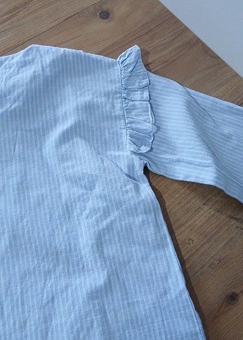 Kız Çocuk Mavi Keten Fırfırlı Bluz - Görsel 5