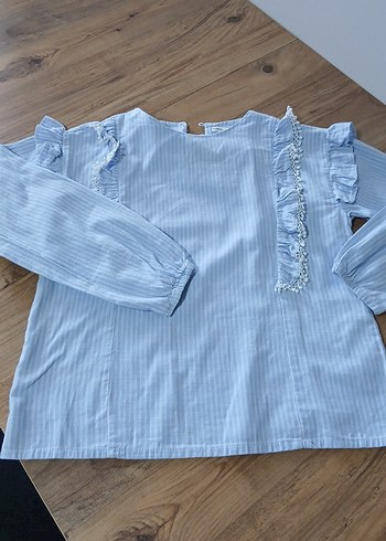 Kız Çocuk Mavi Keten Fırfırlı Bluz - Görsel 4