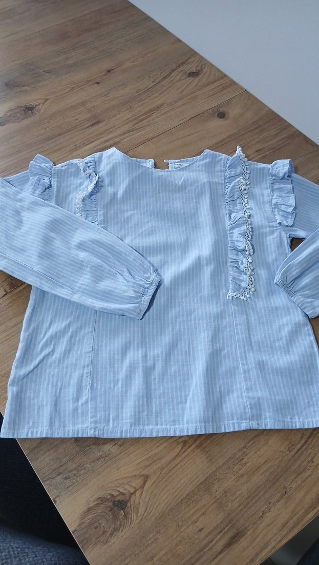 Kız Çocuk Mavi Keten Fırfırlı Bluz - Görsel 4