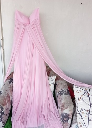 Pudra Pembe Drapeli Uzun Straplez Kadın Elbise - Görsel 5