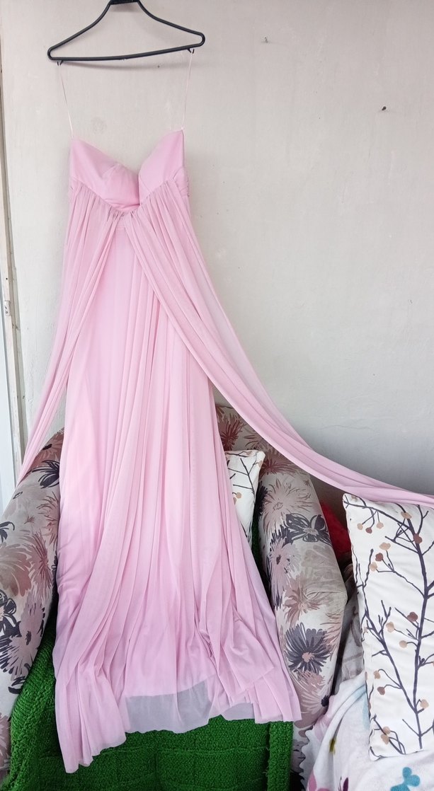 Pudra Pembe Drapeli Uzun Straplez Kadın Elbise - Görsel 5