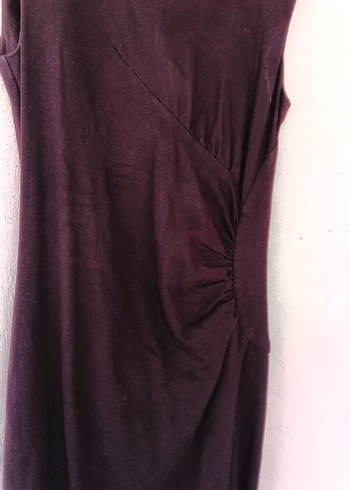 Kahverengi Kolsuz Midi Keten Elbise - Görsel 2