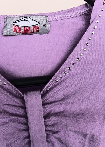 Mor V Yakalı Kız Çocuk Keten Tişört - Görsel 3