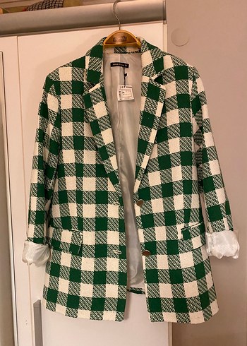 Düğmeli Yeşil Kareli Blazer