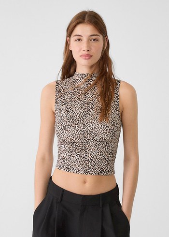 Bej Leopar Desenli Kolsuz Crop Top