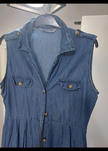 Düğmeli Uzun Mavi Denim Elbise - Görsel 3