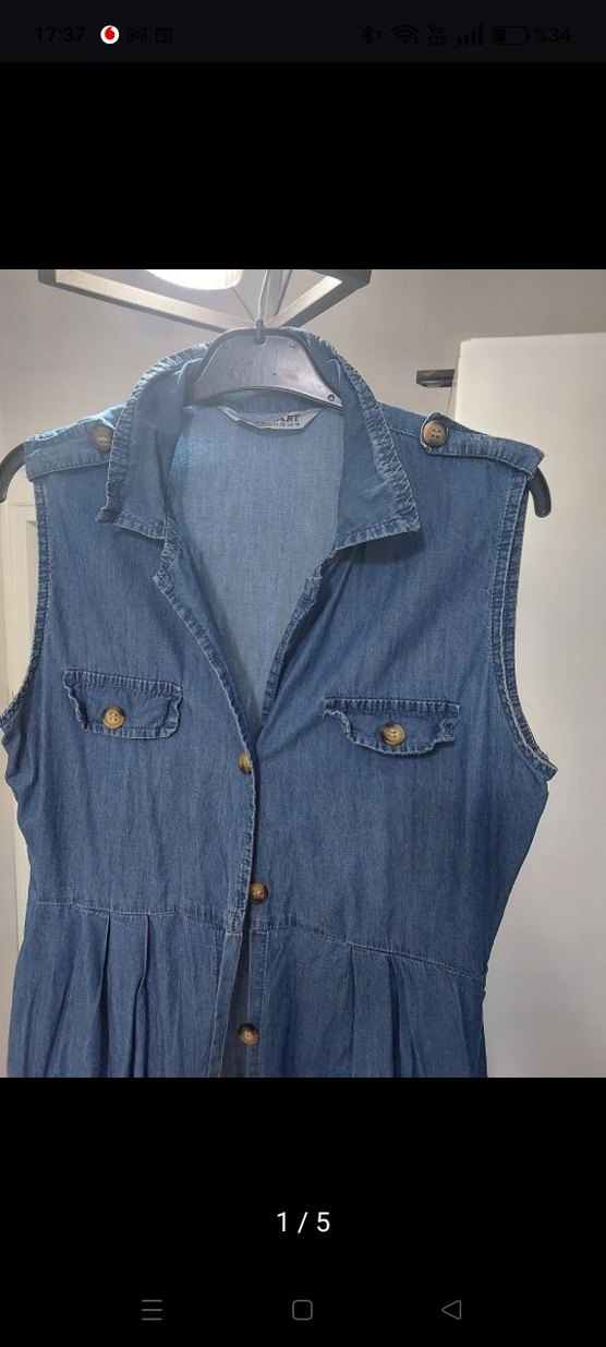 Düğmeli Uzun Mavi Denim Elbise - Görsel 3