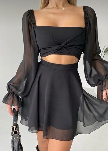 Uzun Kollu Siyah Mini Mezuniyet Elbisesi - Görsel 5