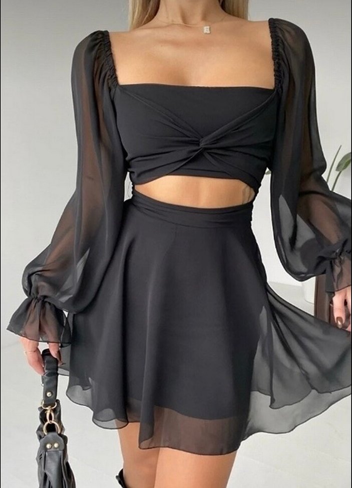 Uzun Kollu Siyah Mini Mezuniyet Elbisesi - Görsel 5