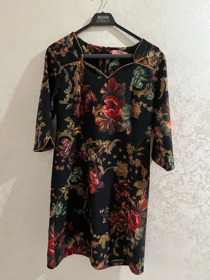 Çok Renkli V Yaka Uzun Kollu Kalem Elbise - Görsel 2