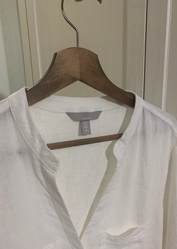 m Beden H&M Uzun Kollu Beyaz Keten V Yaka Gömlek