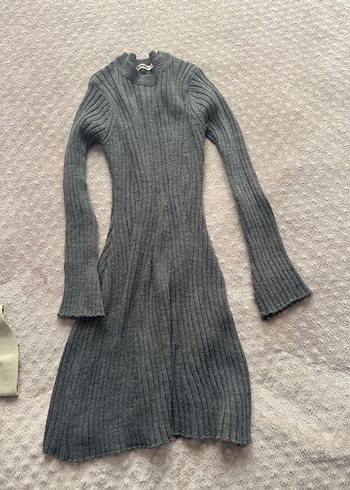 Gri Uzun Kollu Triko Kadın Elbise - Görsel 4
