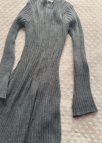 Gri Uzun Kollu Triko Kadın Elbise - Görsel 3
