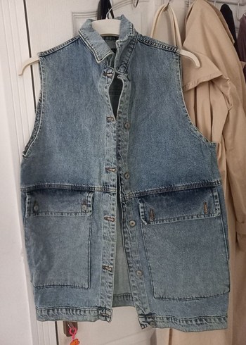 Düğmeli Kolsuz Mavi Denim Ceket