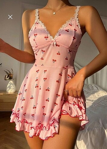 Kirazlı askılı gecelik askılı elbise
