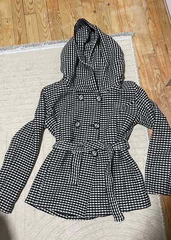 Kapüşonlu Kareli Kadın Kaban - Görsel 2