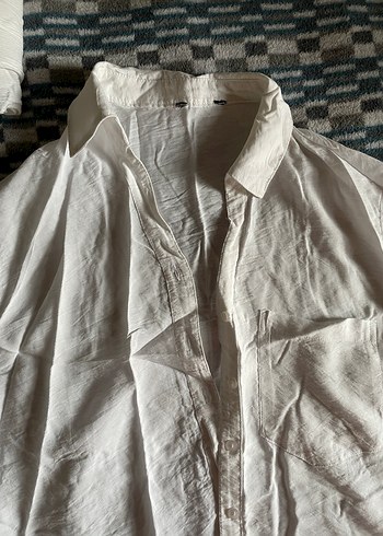 Kadın Beyaz Keten Kısa Kollu Gömlek - Görsel 2