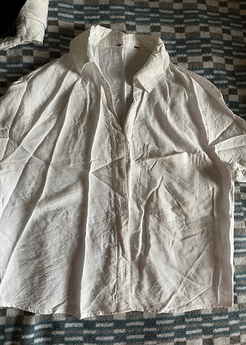 Kadın Beyaz Keten Kısa Kollu Gömlek - Görsel 3