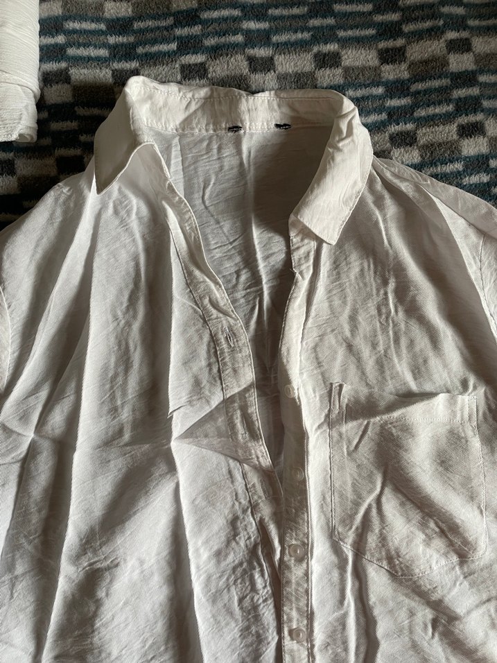 Kadın Beyaz Keten Kısa Kollu Gömlek - Görsel 2