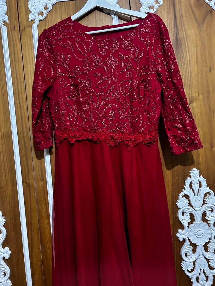 Uzun Kollu Dantel İşlemeli Abiye Elbise - Görsel 2