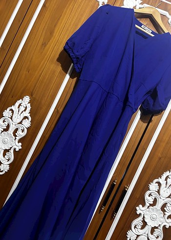 Mavi V Yakalı Salaş Uzun Elbise - Görsel 6