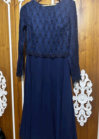 Kadın Lacivert Uzun Kollu Nakışlı Abiye Elbise - Görsel 10