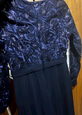 Kadın Lacivert Uzun Kollu Nakışlı Abiye Elbise - Görsel 6