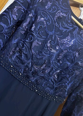 Kadın Lacivert Uzun Kollu Nakışlı Abiye Elbise - Görsel 9