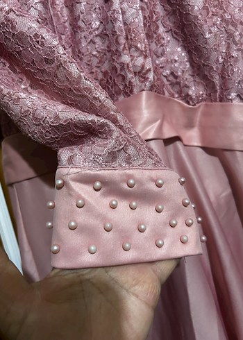 Uzun Kollu Vintage Pembe Abiye Elbise - Görsel 5