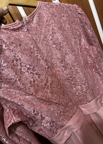 Uzun Kollu Vintage Pembe Abiye Elbise - Görsel 3