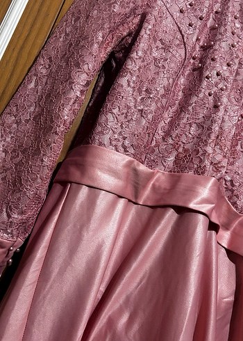 Uzun Kollu Vintage Pembe Abiye Elbise - Görsel 4