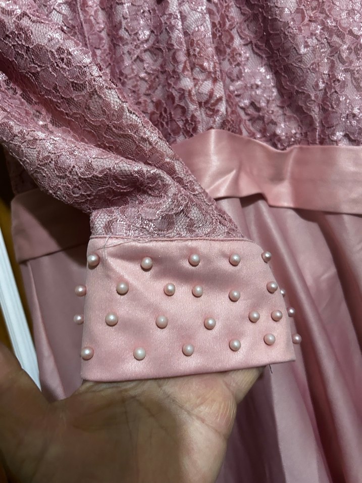 Uzun Kollu Vintage Pembe Abiye Elbise - Görsel 5