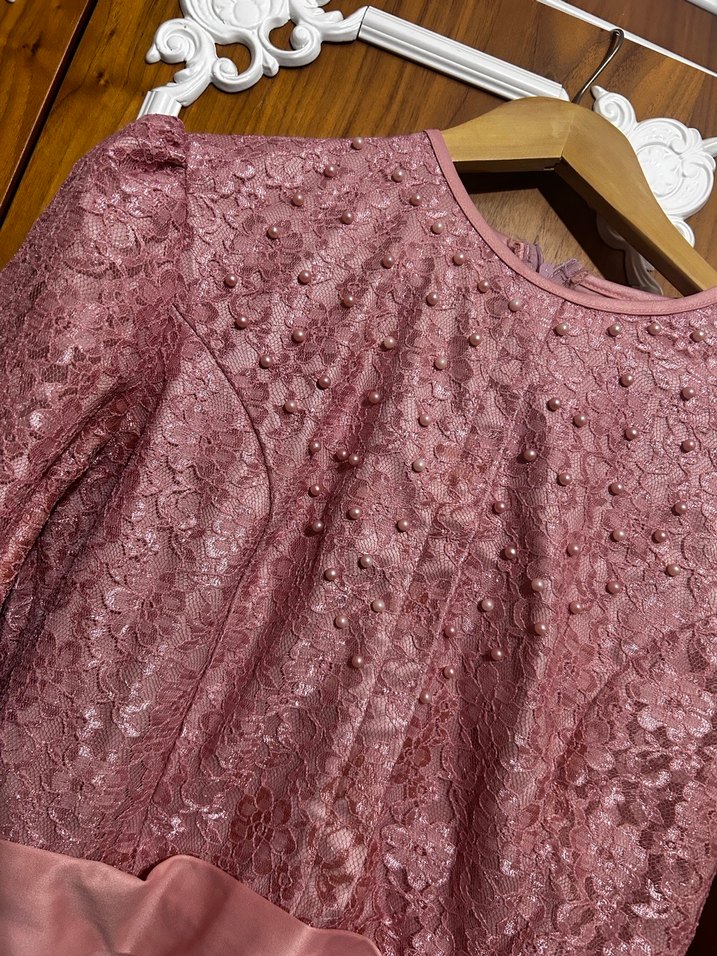 Uzun Kollu Vintage Pembe Abiye Elbise - Görsel 2