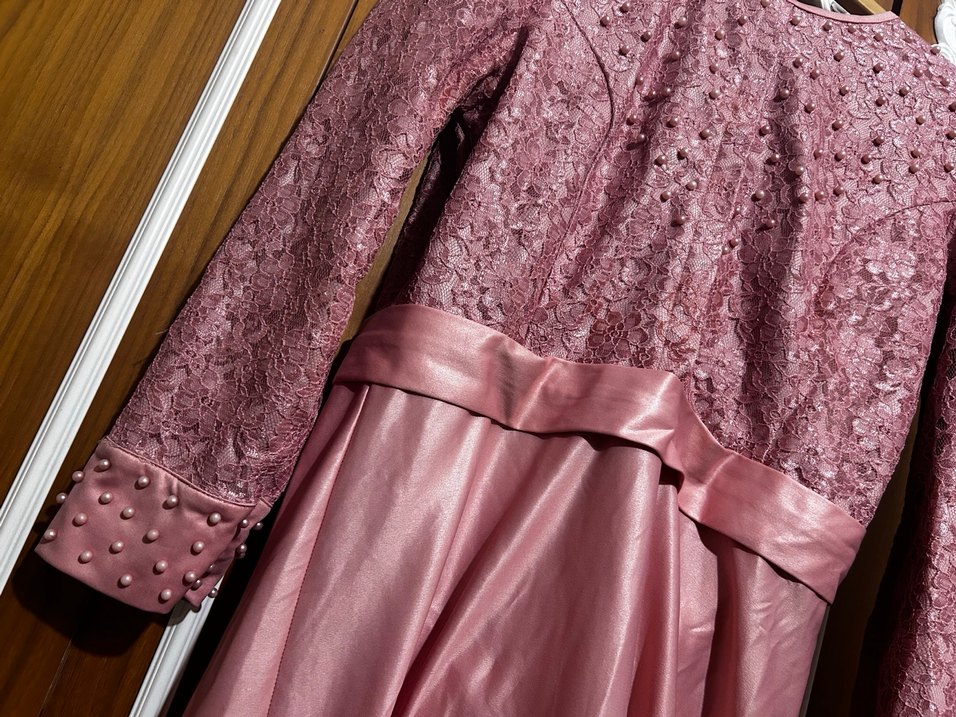 Uzun Kollu Vintage Pembe Abiye Elbise - Görsel 4