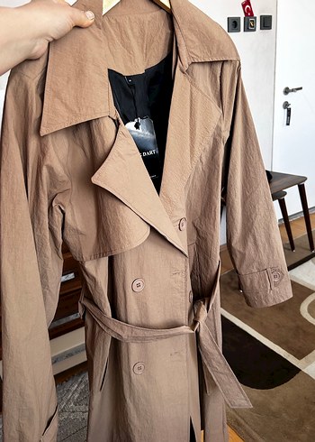 Bej Kadın Keten Düğmeli Trençkot - Görsel 5