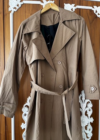 Bej Kadın Keten Düğmeli Trençkot - Görsel 4