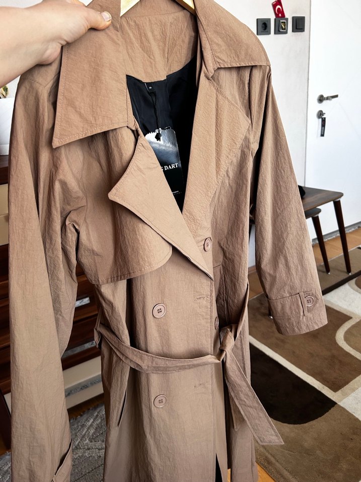 Bej Kadın Keten Düğmeli Trençkot - Görsel 5