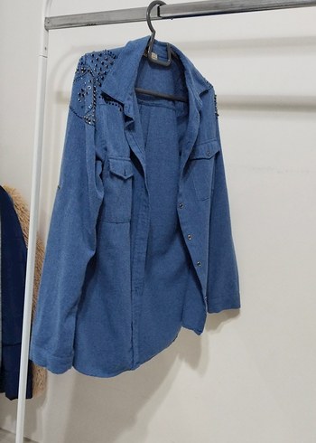 Düğmeli Gri Denim Kadın Gömlek - Görsel 6