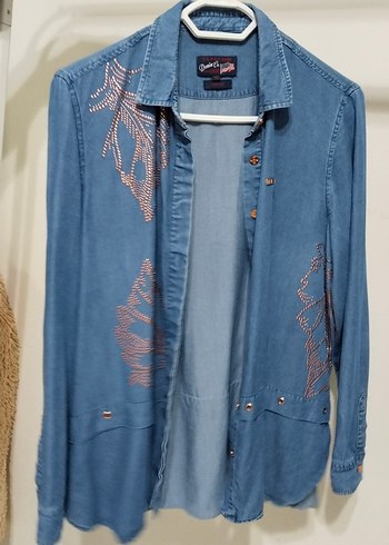 Düğmeli Mavi Denim Kadın Gömlek - Görsel 3